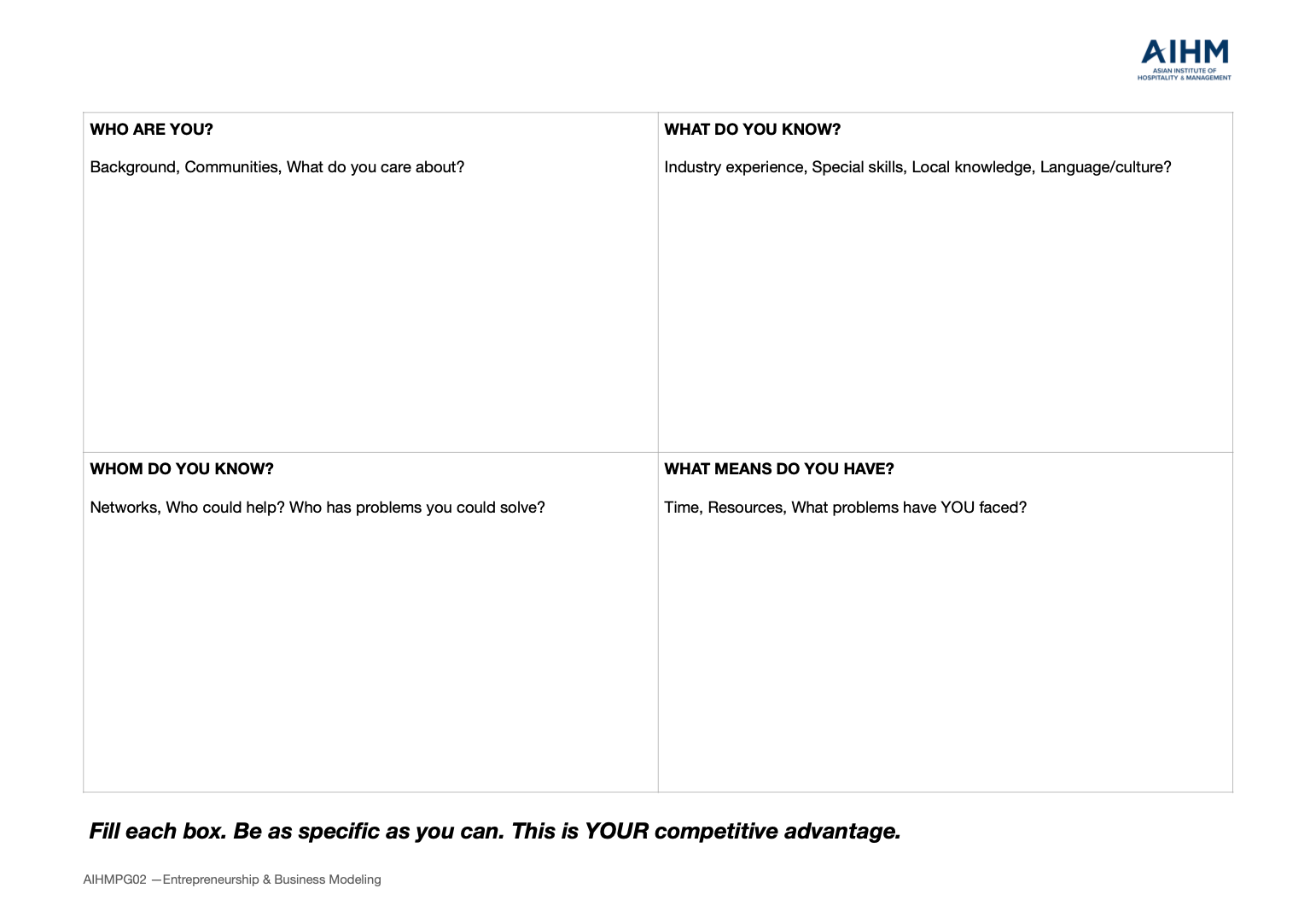 AIHM Entrepreneurship and Business Modelling worksheet guiding students to explore their identity, knowledge, networks, and resources for building competitive hospitality ventures.