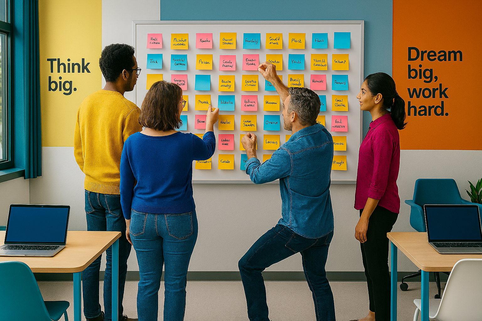brainstorming creative hospitality business ideas on a colourful sticky note wall, applying design thinking and teamwork in entrepreneurship class.