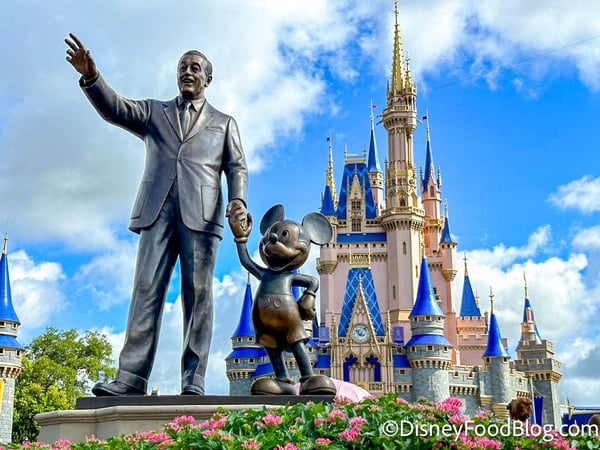 wdw-2023-mk-magic-kingdom-partners-statue-walt-disney-mickey-mouse-cinderella-castle-stock