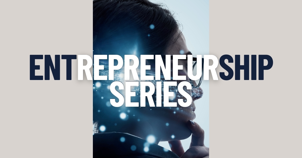 AIHM Entrepreneurship Series banner showing thoughtful hospitality professional with digital light effects representing AI collaboration.